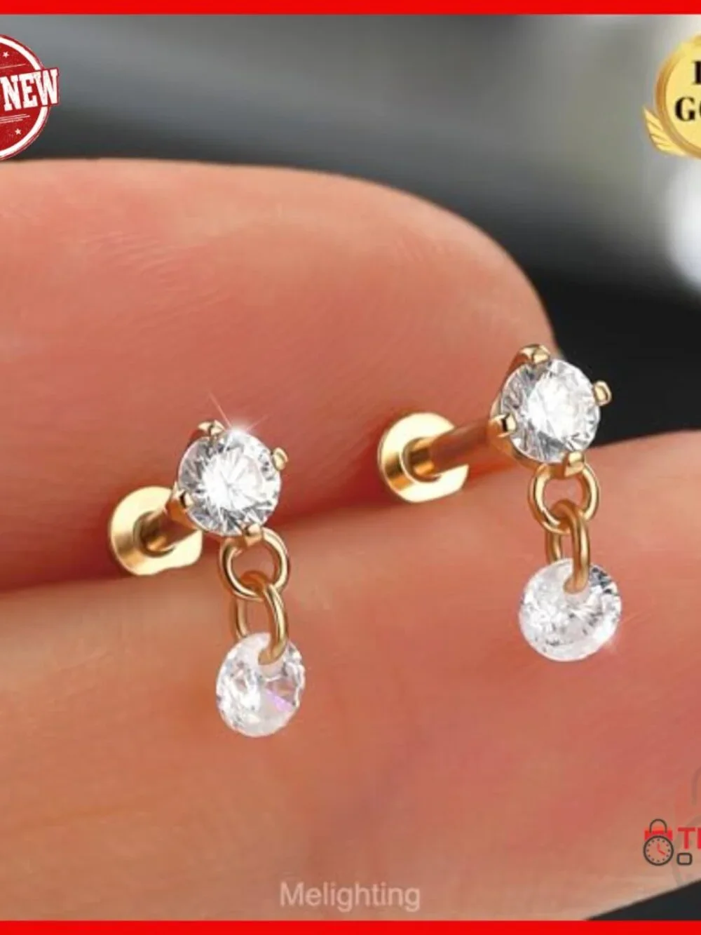 14K Solid Gold Helix Earring, 16G 6mm Dangle Teardrop CZ Piercing Jewelry